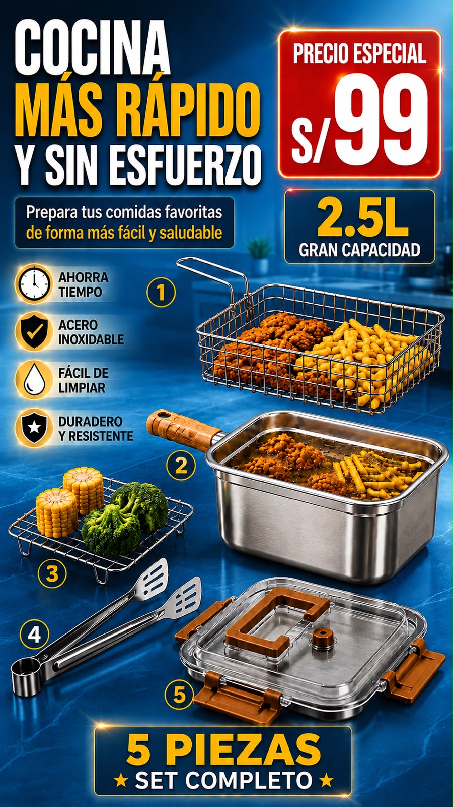 Olla freidora Cuadrada Masterfry De 2.5L